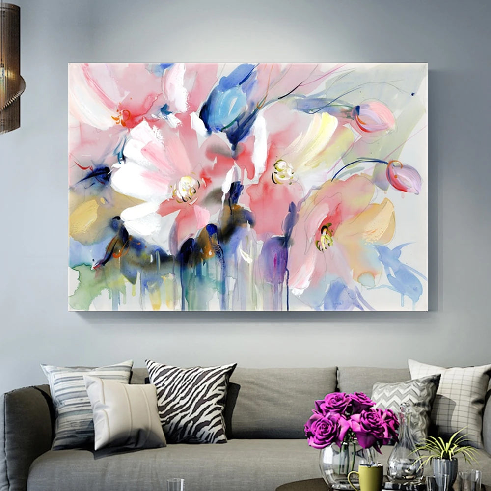 Canvas Wall Art for Living Room, Colorful Flower Watercolor Plant Art  Illustration Framed Wall Art Printed Wall Artwork Modern Art Wall Decor for