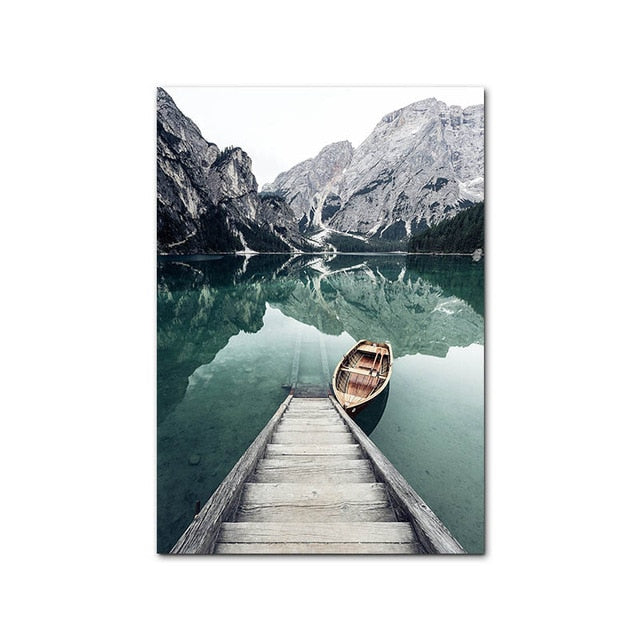 Idyllic Scenes Of Mountain Wilderness Wall Art Tranquil Lake Boat Reflections Pictures Of Calm Fine Art Canvas Prints Nordic Home Decor