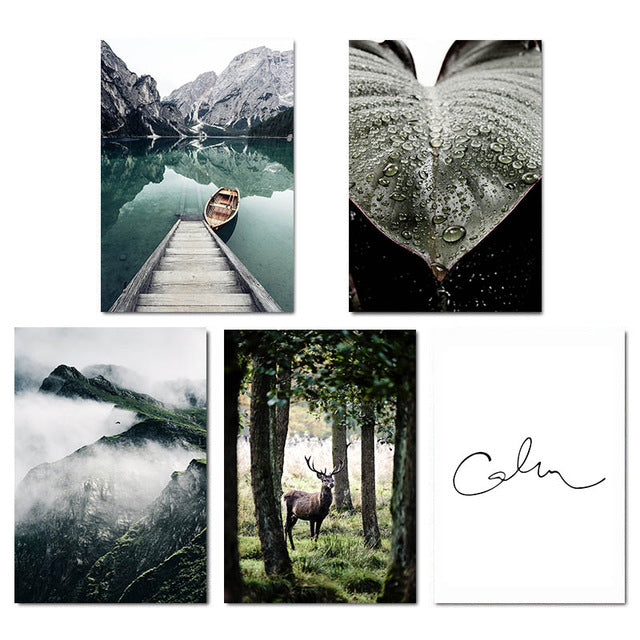 Idyllic Scenes Of Mountain Wilderness Wall Art Tranquil Lake Boat Reflections Pictures Of Calm Fine Art Canvas Prints Nordic Home Decor