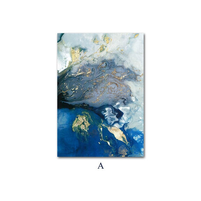 Blue Marble Abstract Ocean Wall Art Golden Azure Contemporary Nordic Paintings Fine Art Canvas Prints For Modern Home Office Interior Decor