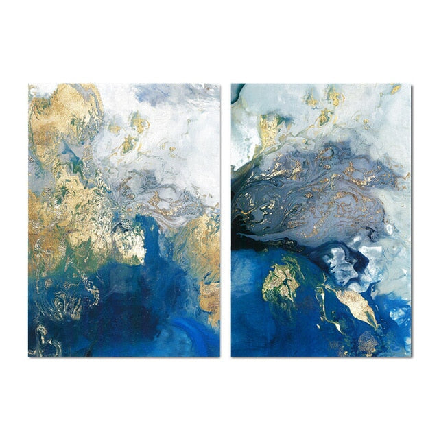 Blue Marble Abstract Ocean Wall Art Golden Azure Contemporary Nordic Paintings Fine Art Canvas Prints For Modern Home Office Interior Decor