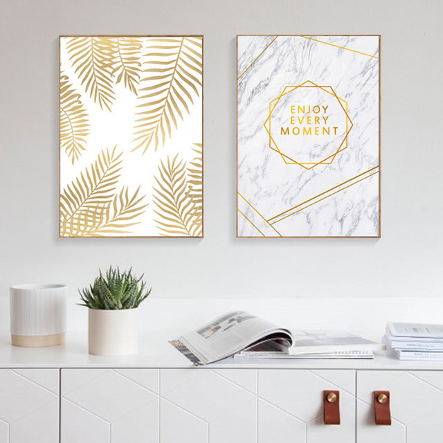 Enjoy Every Moment Quotation Wall Art Marble Background Golden Palm Leaf Fine Art Canvas Prints Nordic Posters For Living Room Bedroom Wall Art Decor