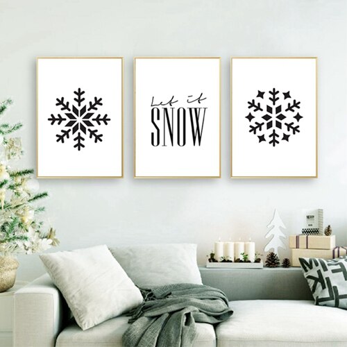 Snowflake Minimalist Wall Art Black White Fine Art Canvas Prints Let It Snow Quote Nordic Posters For Living Room Dining Room Scandinavian Home Decor