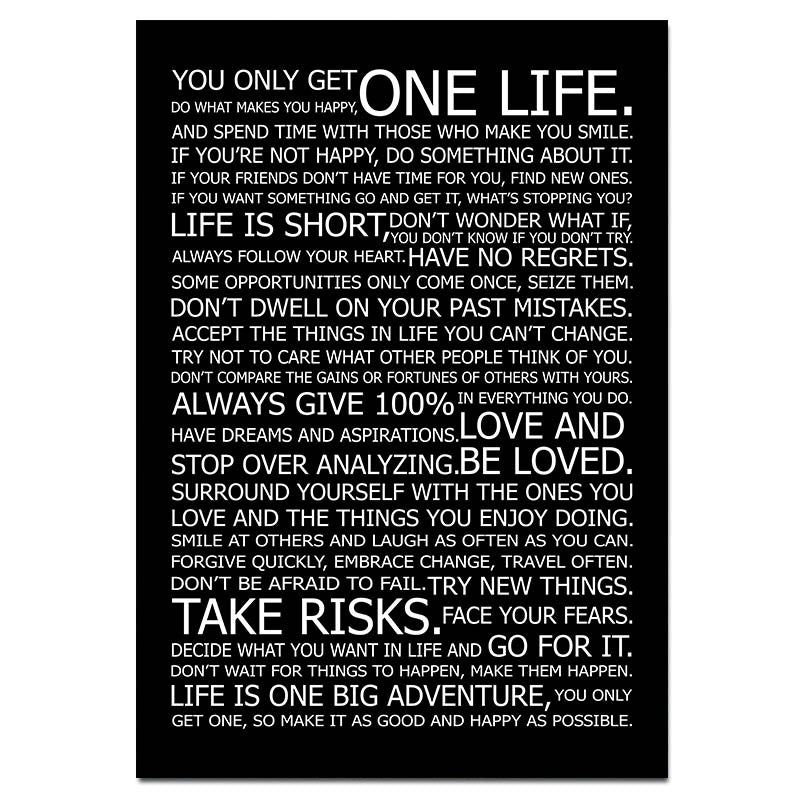 One Life Motivational Quote Poster Black and White Wall Art Fine Art Canvas Prints Inspirational Wall Decor For Office Living Room Bedroom Posters