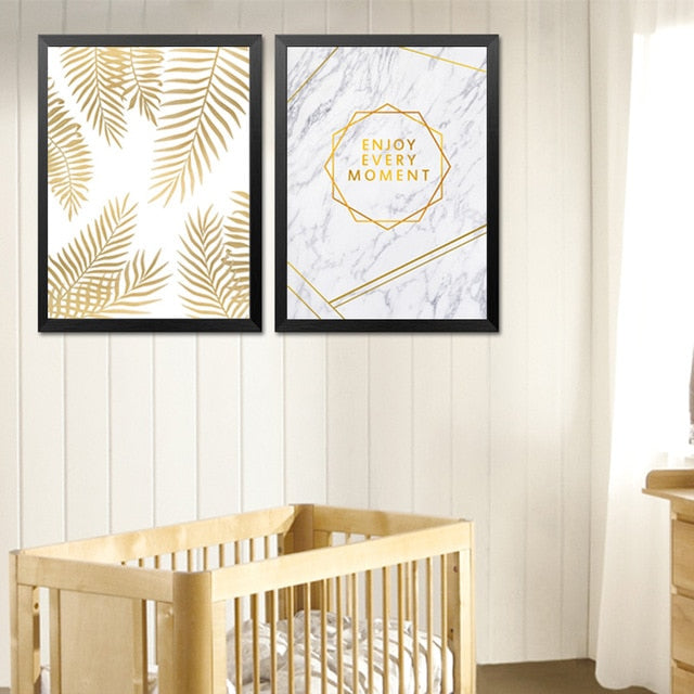 Enjoy Every Moment Quotation Wall Art Marble Background Golden Palm Leaf Fine Art Canvas Prints Nordic Posters For Living Room Bedroom Wall Art Decor