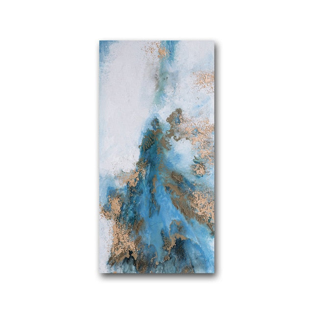 Abstract Shades Of Blue Golden Marble Wall Art Modern Fine Art Canvas Prints Tall Vertical Format Pictures For Modern Loft Apartment Wall Art Decor