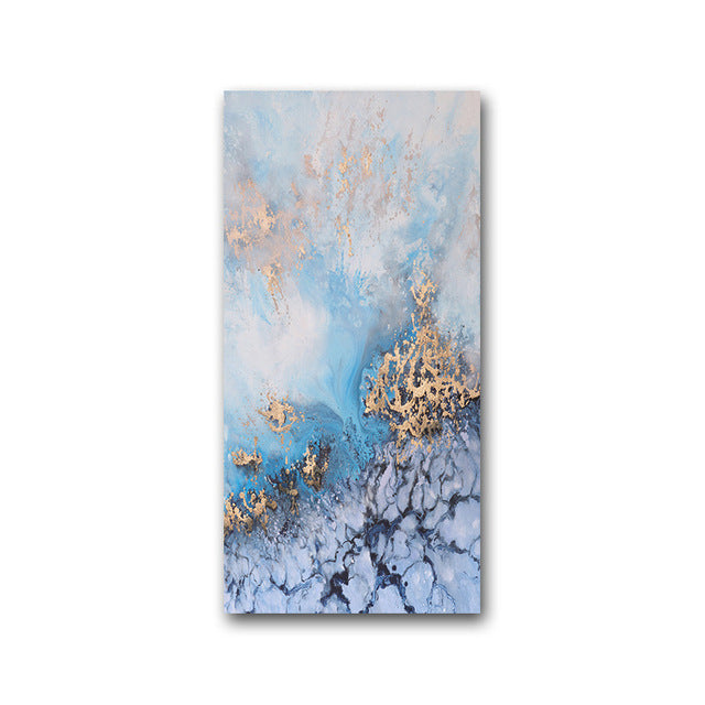 Abstract Shades Of Blue Golden Marble Wall Art Modern Fine Art Canvas Prints Tall Vertical Format Pictures For Modern Loft Apartment Wall Art Decor