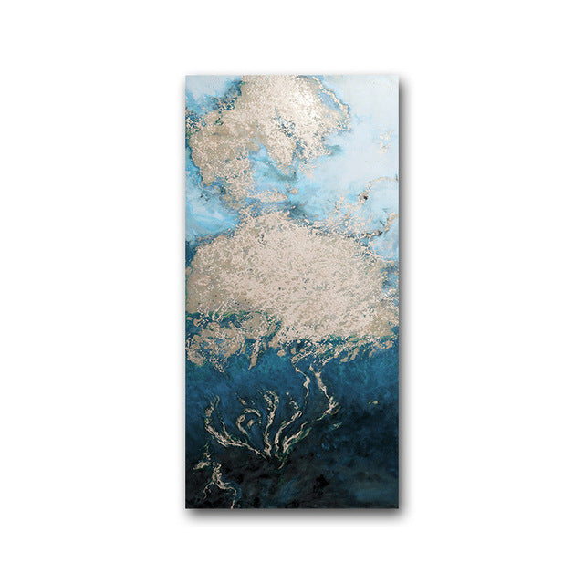 Abstract Shades Of Blue Golden Marble Wall Art Modern Fine Art Canvas Prints Tall Vertical Format Pictures For Modern Loft Apartment Wall Art Decor