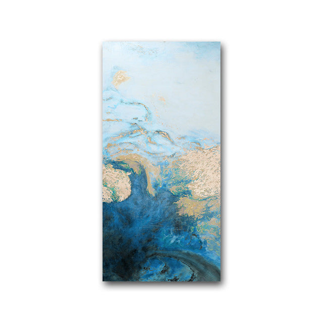 Abstract Shades Of Blue Golden Marble Wall Art Modern Fine Art Canvas Prints Tall Vertical Format Pictures For Modern Loft Apartment Wall Art Decor