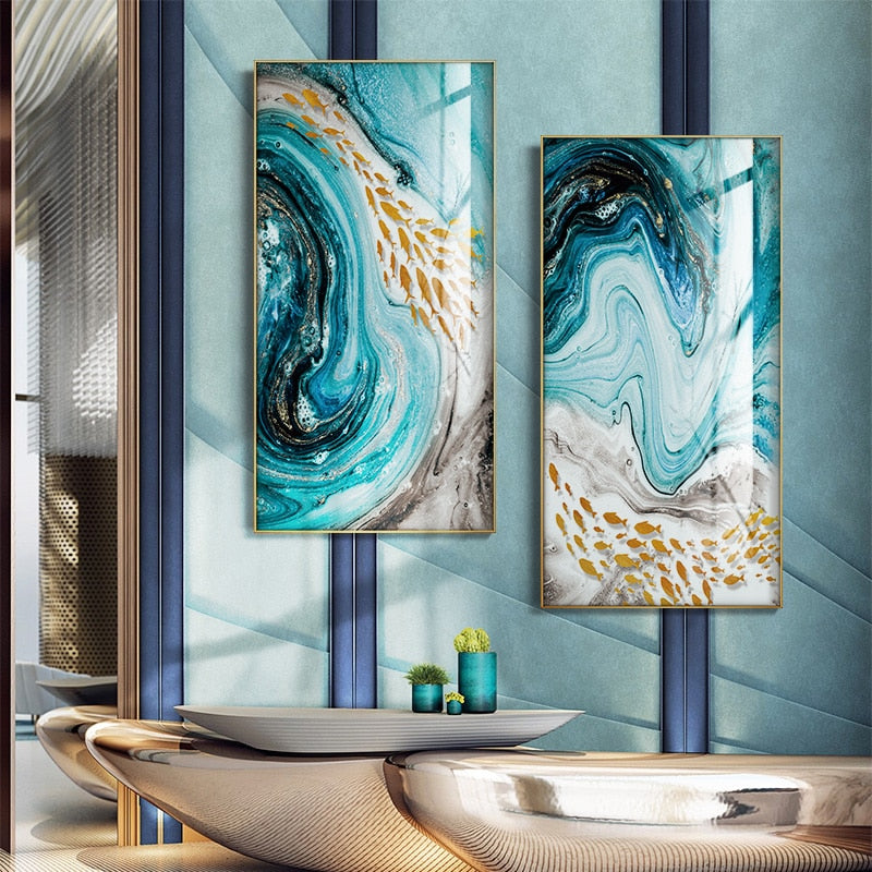 Golden Fishes In Blue Sea Swirls Abstract Wall Art Fine Art Canvas Prints Nordic Style Marble Effect Giclee Prints For Modern Home Office Interior Decor