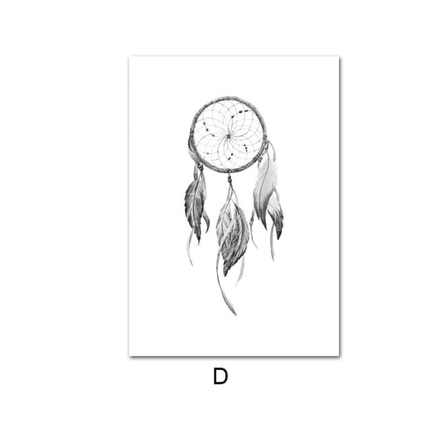 Mystical Wolf Mountain Landscape Wall Art Fine Art Canvas Prints Feather Skull Dream Catcher Minimalist Black White Wall Art Nordic Home Decor