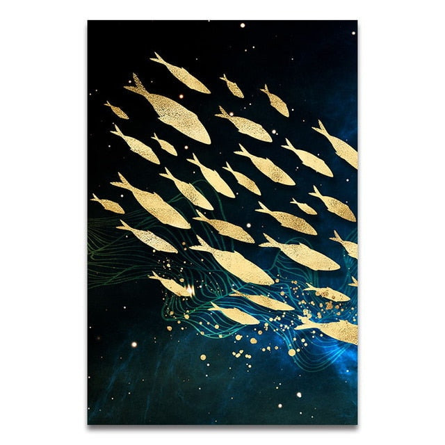 Auspicious Golden Fish Abstract Wall Art Fine Art Canvas Prints Aquatic Blue Sea Marine Pictures For Living Room Dining Room Home Loft Office Interior Decor