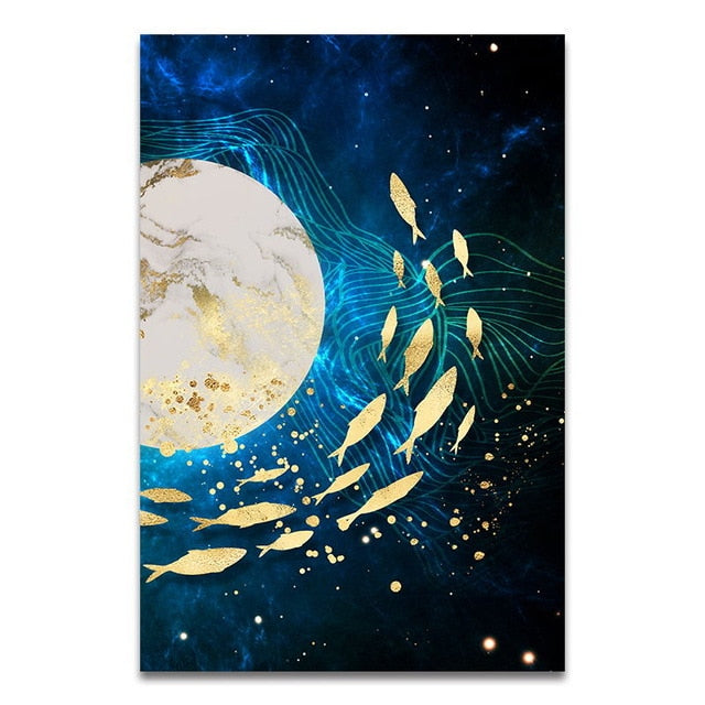 Auspicious Golden Fish Abstract Wall Art Fine Art Canvas Prints Aquatic Blue Sea Marine Pictures For Living Room Dining Room Home Loft Office Interior Decor