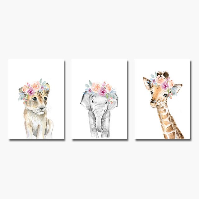 Flower Animals Nursery Wall Art Fine Art Canvas Prints Pictures For Kids Room Baby's Room Zebra Giraffe Elephant Lion Poster For Children's Room Decor