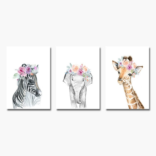Flower Animals Nursery Wall Art Fine Art Canvas Prints Pictures For Kids Room Baby's Room Zebra Giraffe Elephant Lion Poster For Children's Room Decor