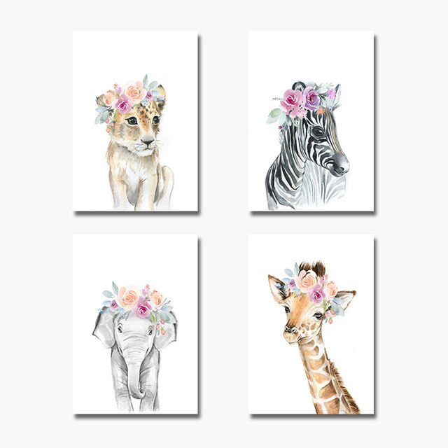 Flower Animals Nursery Wall Art Fine Art Canvas Prints Pictures For Kids Room Baby's Room Zebra Giraffe Elephant Lion Poster For Children's Room Decor