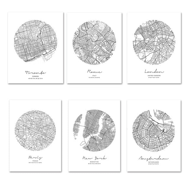 Abstract City Maps Wall Art Black White Fine Art Canvas Prints Nordic Style Home Office Posters London Paris New York Amsterdam Toronto or Rome