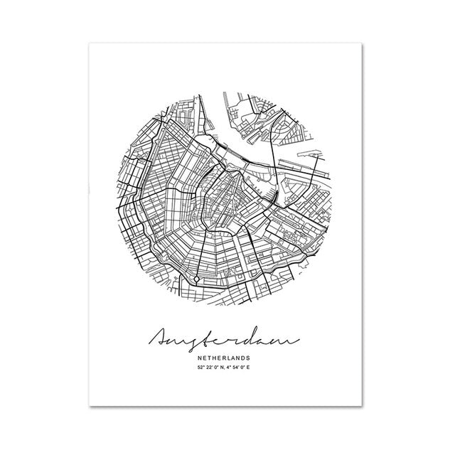 Abstract City Maps Wall Art Black White Fine Art Canvas Prints Nordic Style Home Office Posters London Paris New York Amsterdam Toronto or Rome