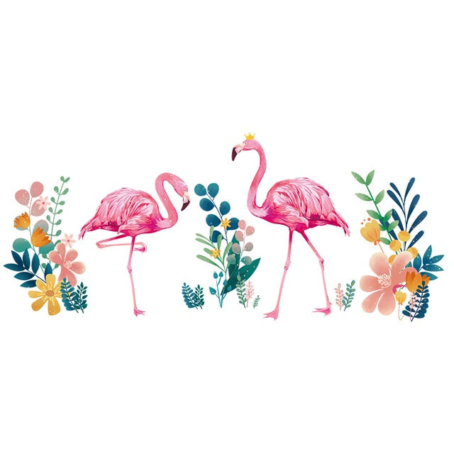 Pink Flamingo Tropical Botany Wall Mural PVC Decals Nordic Style Creative DIY Removable Wall Sticks For Kids Bedroom Colorful Nursery Room Wall Decoration