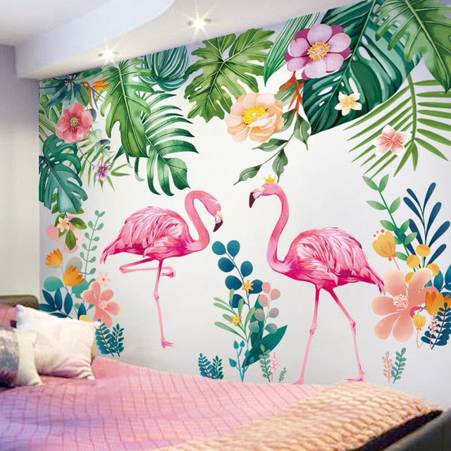 Pink Flamingo Tropical Botany Wall Mural PVC Decals Nordic Style Creative DIY Removable Wall Sticks For Kids Bedroom Colorful Nursery Room Wall Decoration