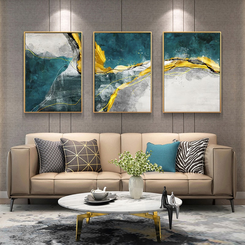 Abstract Golden Horizons Wall Art Green Blue Fine Art Canvas Prints Nordic Style Contemporary Pictures For Living Room Bedroom Modern Home Office Interiors