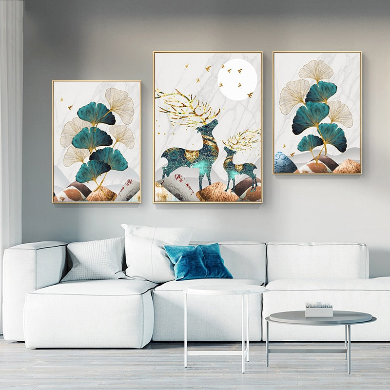 Magical Nordic Moonlight Deer Landscape Wall Art Fine Art Canvas Prints Modern Abstract Nature Pictures Luxury Living Room Wall Art Home Interior Decor