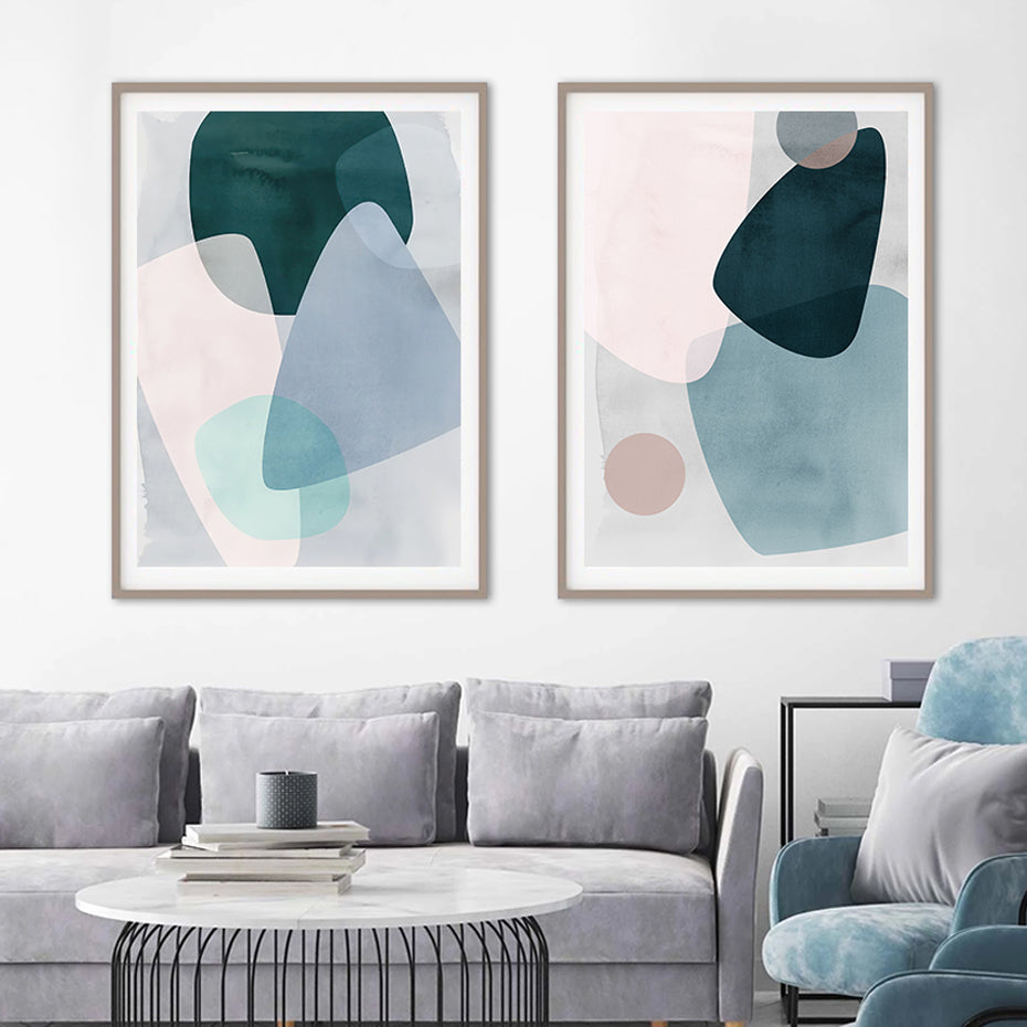 Pastel Geometric Curves Blue Gray Pink Wall Art Fine Art Canvas Prints –