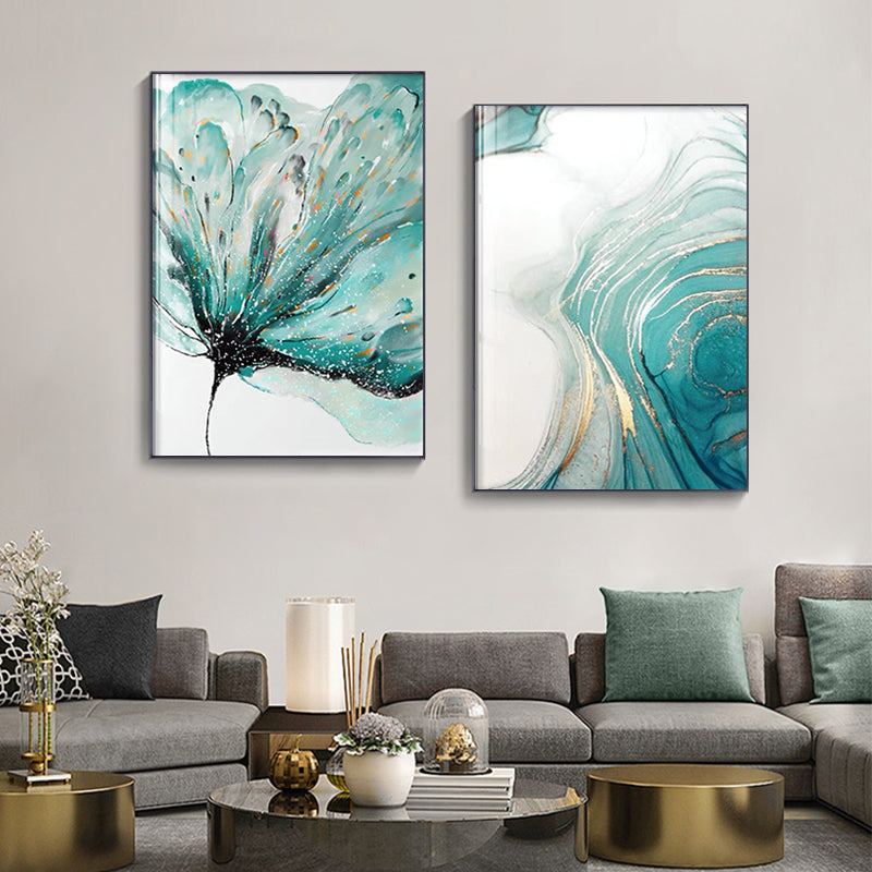 Modern Abstract Botanical Floral Blue Golden Jade Marble Prints Wall Art Fine Art Canvas Prints Pictures For Living Room Bedroom Art Decor