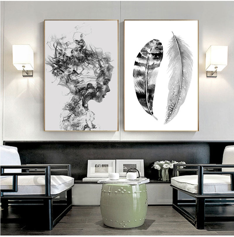 Abstract Girl Portrait Wall Art Minimalist Black White Feathers Fine Art Canvas Prints Modern Pictures For Scandinavian Living Room Bedroom Art Decor