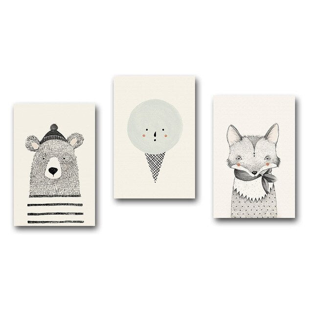 Woodland Animals Nursery Wall Art Fox Bear And Ice Cream Cute Characters Fine Art Canvas Prints Nordic Pictures For Children's Bedroom Decor