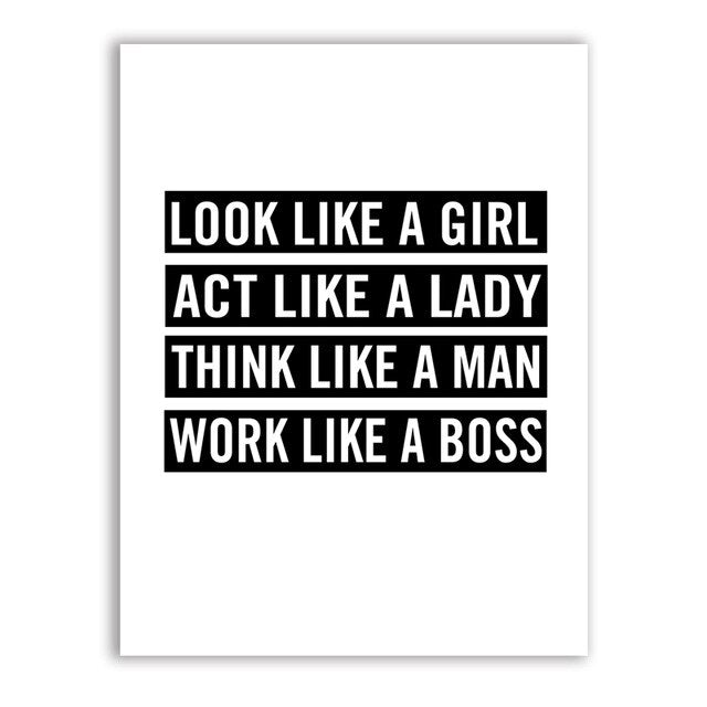 Act Like A Lady Work Like A Boss Quotation Black And White Minimalist Wall Art Motivational Poster For Girls Room Fine Art Canvas Prints