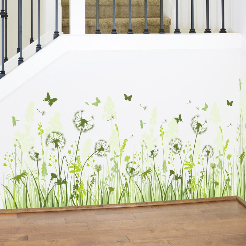 Wild Green Meadow Dandelions & Butterflies Wall Art Baseboard Mural Removable PVC Wall Decal For Living Room Games Room Nursery Decor