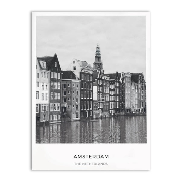 Amsterdam City Landscape Wall Art Black & White Minimalist Dutch Travel Posters Fine Art Canvas Prints Nordic Style Art For Modern Home Decor