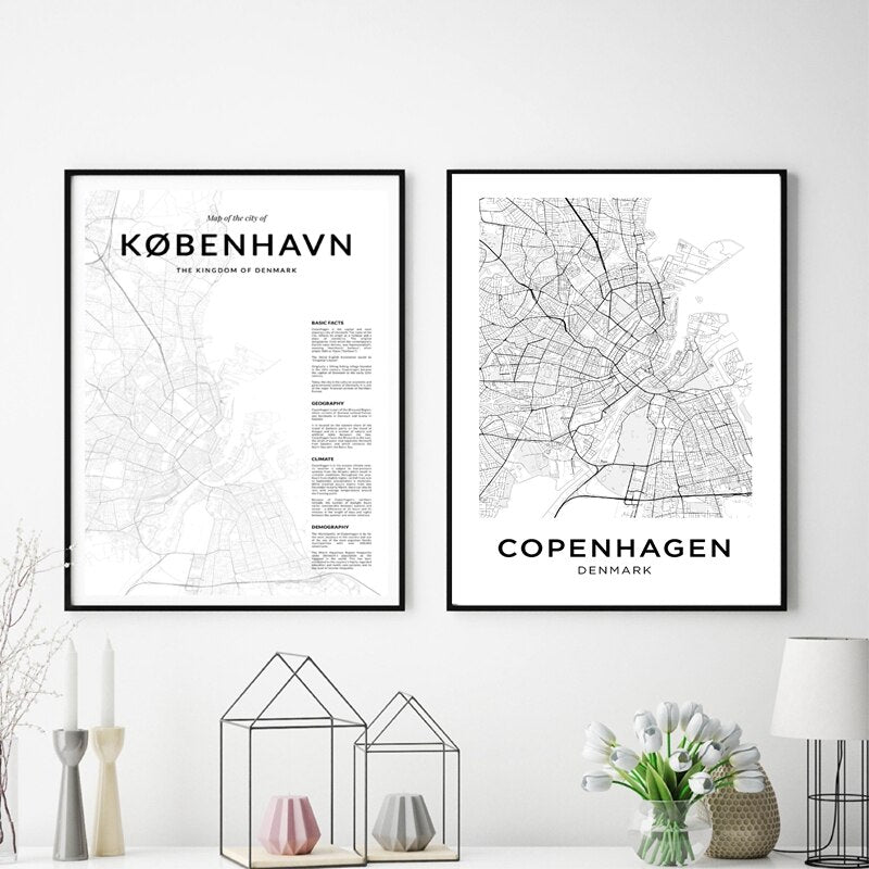 Copenhagen City Map Wall Black White Fine Canvas Print Minimal – NordicWallArt.com