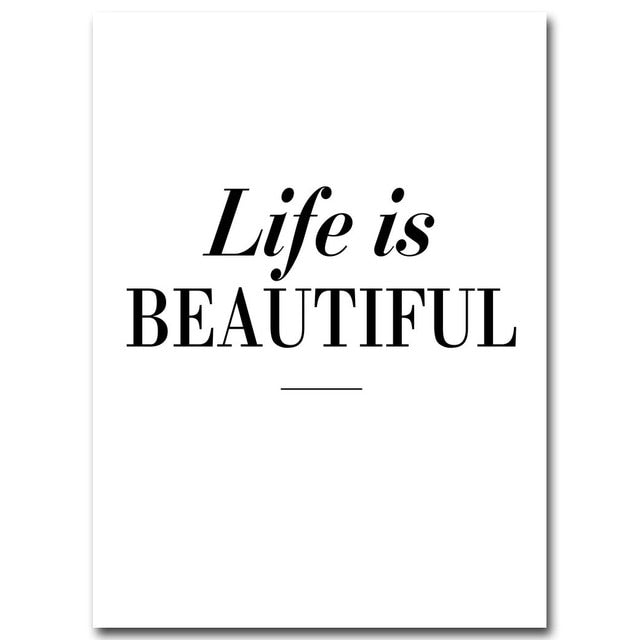 Life Is Beautiful Modern Black & White Floral Wall Art Fine Art Canvas Prints Minimalist Quotation Nordic Style Pictures For Modern Home Decor