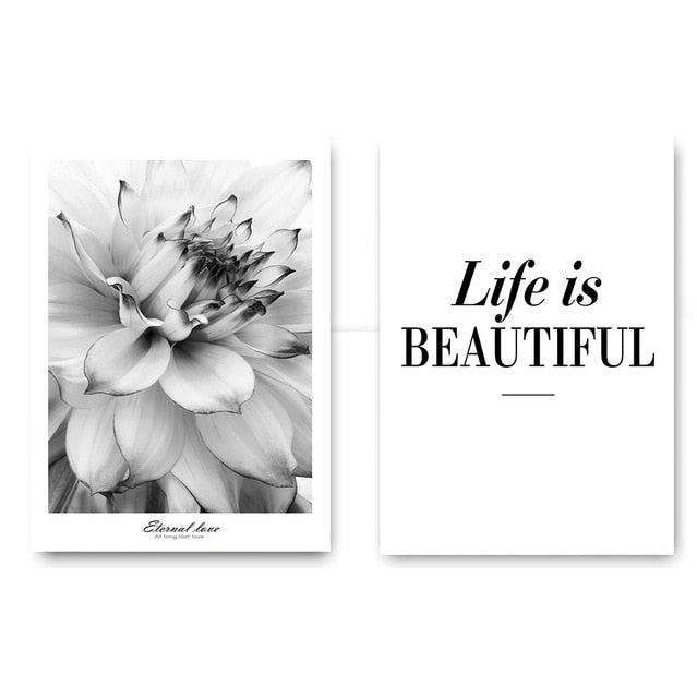 Life Is Beautiful Modern Black & White Floral Wall Art Fine Art Canvas Prints Minimalist Quotation Nordic Style Pictures For Modern Home Decor