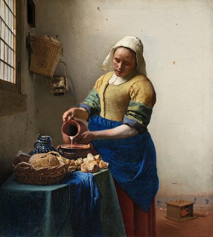 The Milkmaid by Johannes Vermeer Famous Painting of the Dutch Golden Age Fine Art Canvas Print. Classic Paintings Wall Art for Modern Home Decor