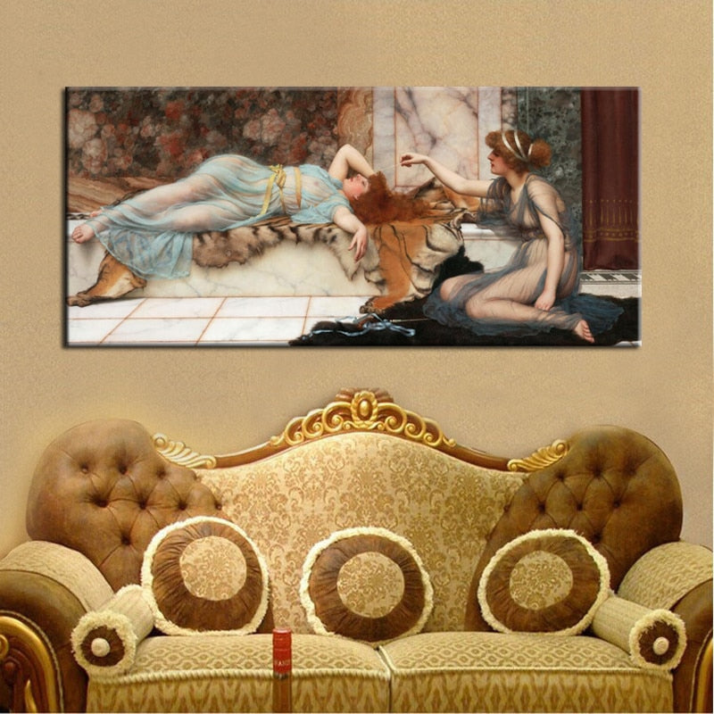 Mischief and Repose by John William Waterhouse, Fine Art Canvas Print Famous Neoclassic Paintings Wall Art Posters For Modern Home Decor