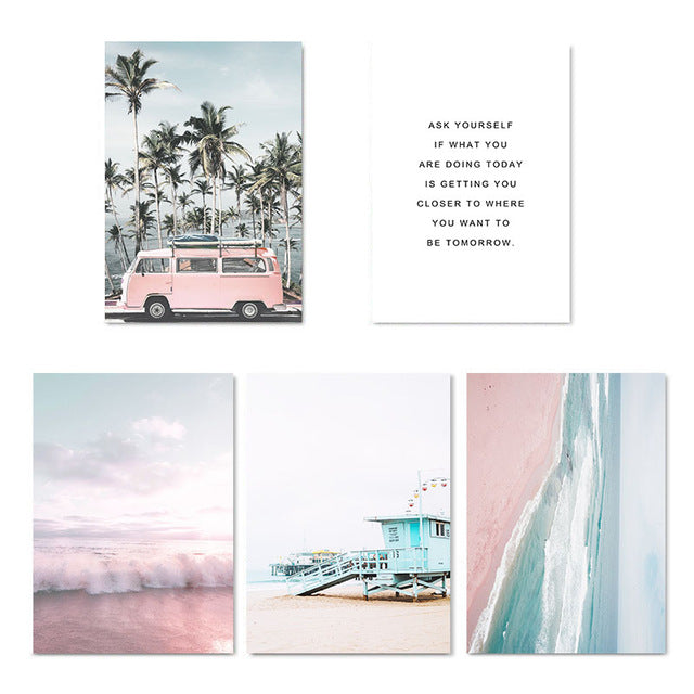 Ocean Landscape Pink Campervan Travel Getaway Beach Life Dreams Fine Art Nordic Prints Canvas Pictures For Modern Living Room Bedroom Decor
