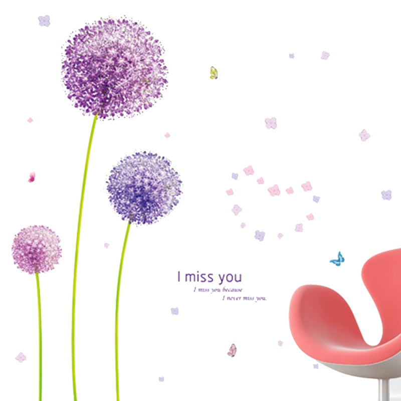 Purple Dandelions Pretty Wall Mural Removable PVC Wall Decal Simple Creative Makeover Home DIY Wall Decor Pink Love Romantic Bedroom Floral Home Decoration