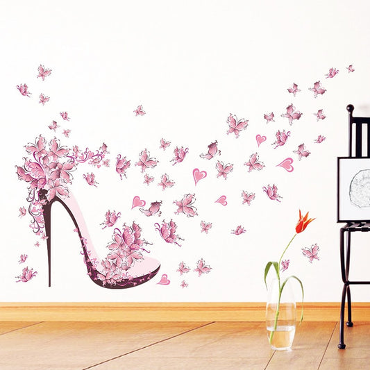 Pink Heels & Butterflies Pretty Wall Mural For Girls Room Decor Removable PVC Wall Decals For Living Room Bedroom Creative Fashion DIY Wall Art Decor