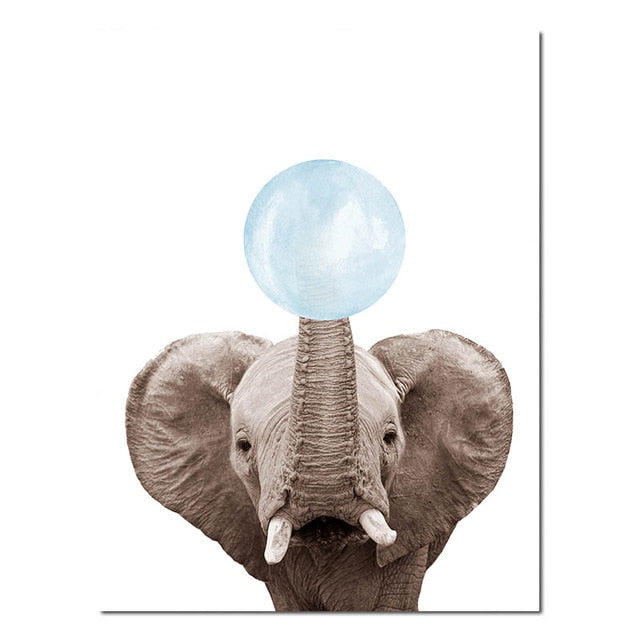 Baby Animals Blowing Blue Bubblegum Cute Nordic Nursery Wall Art Fine Art Canvas Prints Pictures For Kid's Room Baby Boy's Room Cute Wall Art Decoration