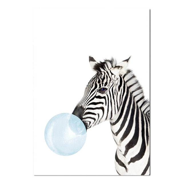 Baby Animals Blowing Blue Bubblegum Cute Nordic Nursery Wall Art Fine Art Canvas Prints Pictures For Kid's Room Baby Boy's Room Cute Wall Art Decoration