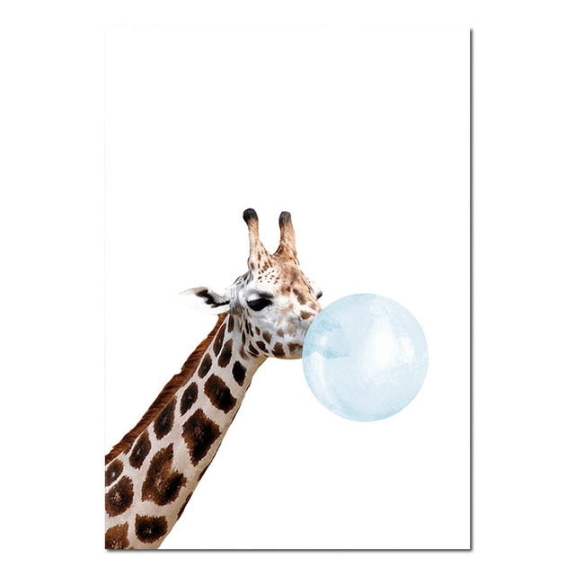 Baby Animals Blowing Blue Bubblegum Cute Nordic Nursery Wall Art Fine Art Canvas Prints Pictures For Kid's Room Baby Boy's Room Cute Wall Art Decoration