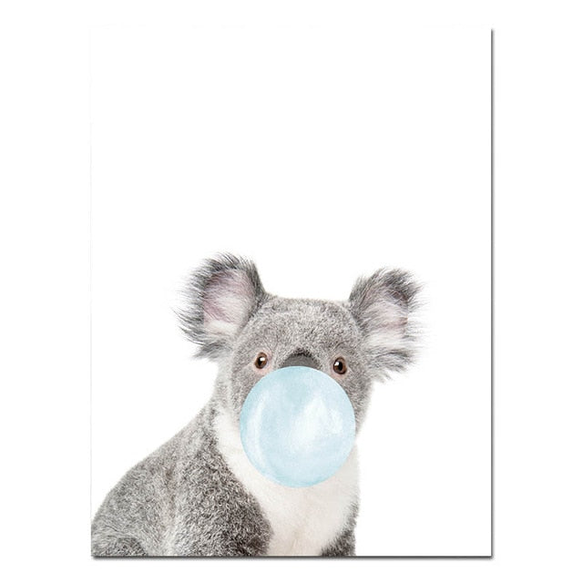 Baby Animals Blowing Blue Bubblegum Cute Nordic Nursery Wall Art Fine Art Canvas Prints Pictures For Kid's Room Baby Boy's Room Cute Wall Art Decoration