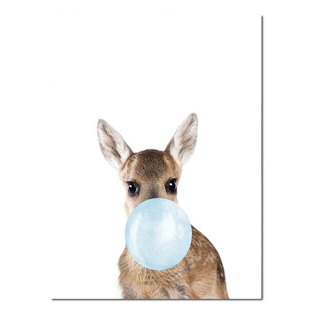 Baby Animals Blowing Blue Bubblegum Cute Nordic Nursery Wall Art Fine Art Canvas Prints Pictures For Kid's Room Baby Boy's Room Cute Wall Art Decoration