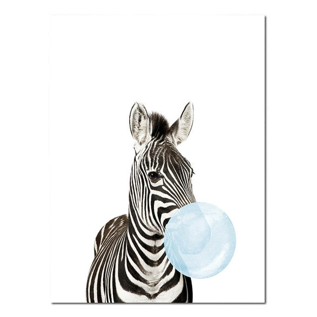 Baby Animals Blowing Blue Bubblegum Cute Nordic Nursery Wall Art Fine Art Canvas Prints Pictures For Kid's Room Baby Boy's Room Cute Wall Art Decoration