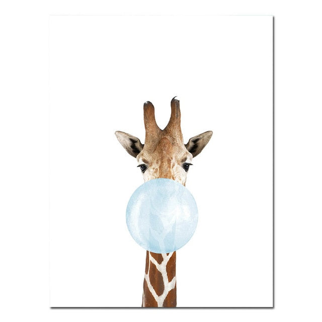 Baby Animals Blowing Blue Bubblegum Cute Nordic Nursery Wall Art Fine Art Canvas Prints Pictures For Kid's Room Baby Boy's Room Cute Wall Art Decoration