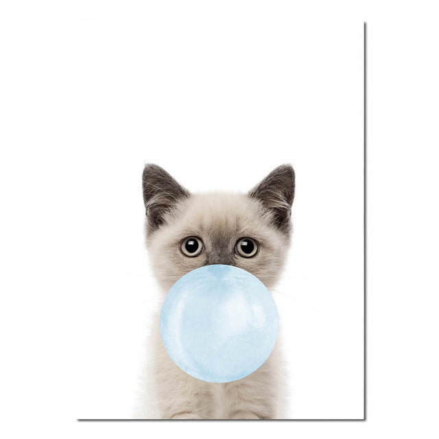 Baby Animals Blowing Blue Bubblegum Cute Nordic Nursery Wall Art Fine Art Canvas Prints Pictures For Kid's Room Baby Boy's Room Cute Wall Art Decoration