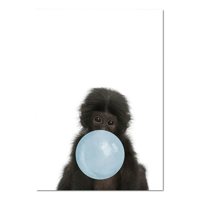 Baby Animals Blowing Blue Bubblegum Cute Nordic Nursery Wall Art Fine Art Canvas Prints Pictures For Kid's Room Baby Boy's Room Cute Wall Art Decoration